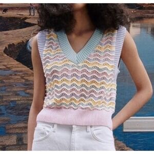 NWT ZARA Pastel Rainbow Chevron‎ Crochet Knit V Neck Sweater Vest Women Medium